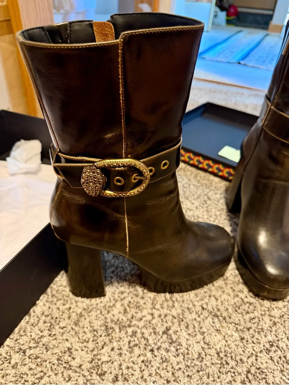 Kurt Geiger Brown Leather Platform Boots with Gold Buckle Accent